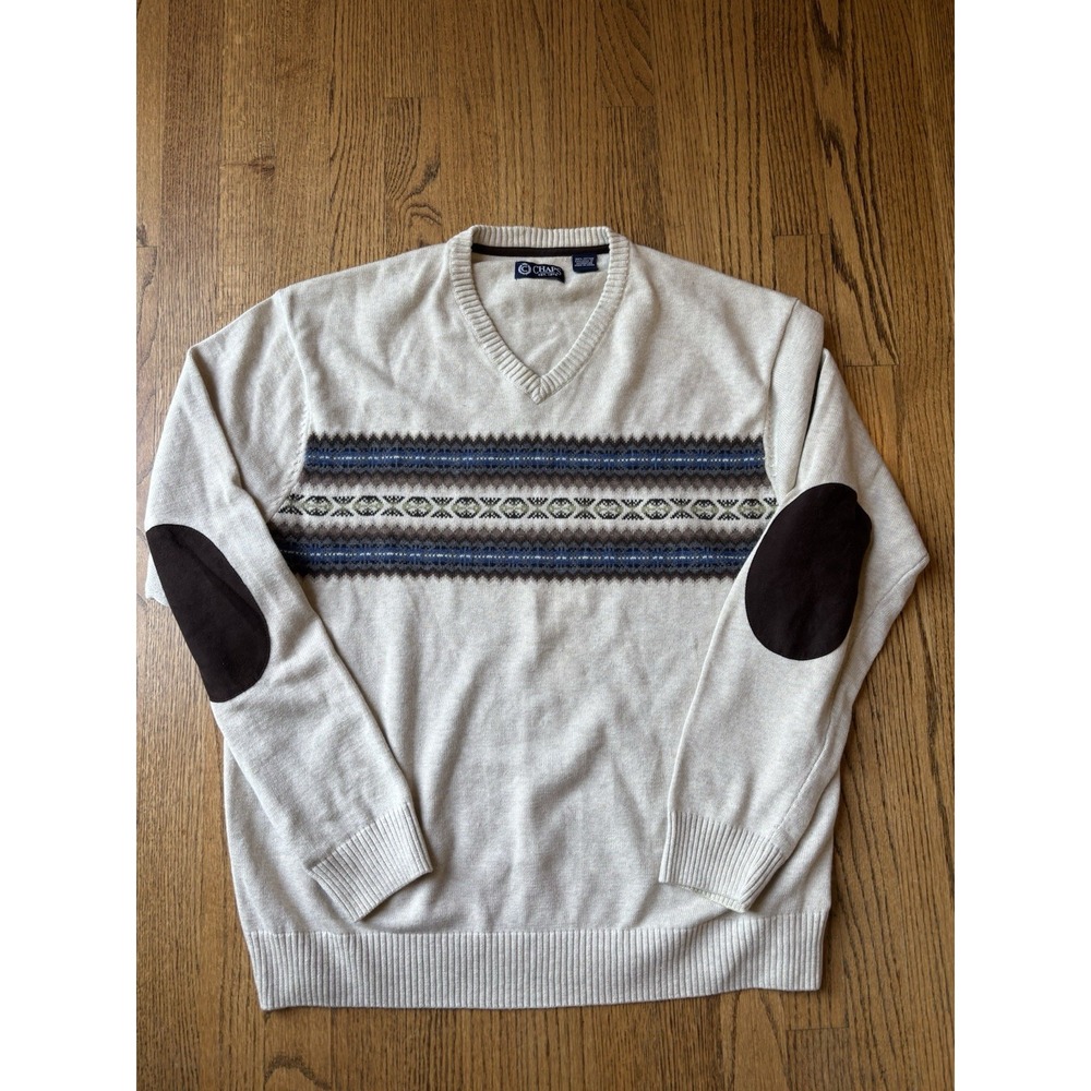Chaps Men Xl Cream V Neck Sweater Blue‎ Brown Chest Design Brown Elbow Patches